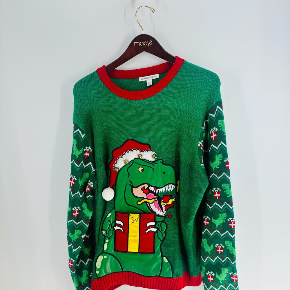 Celebrate Together Embroidered T-Rex Christmas Sweater‎ Multicolor Size XL